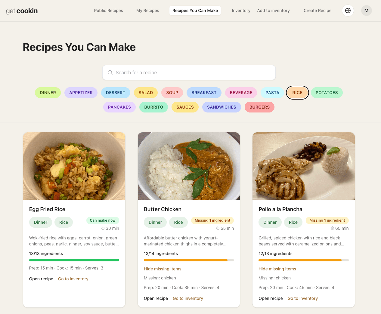 Recipes You Can Make inventory-based showcase